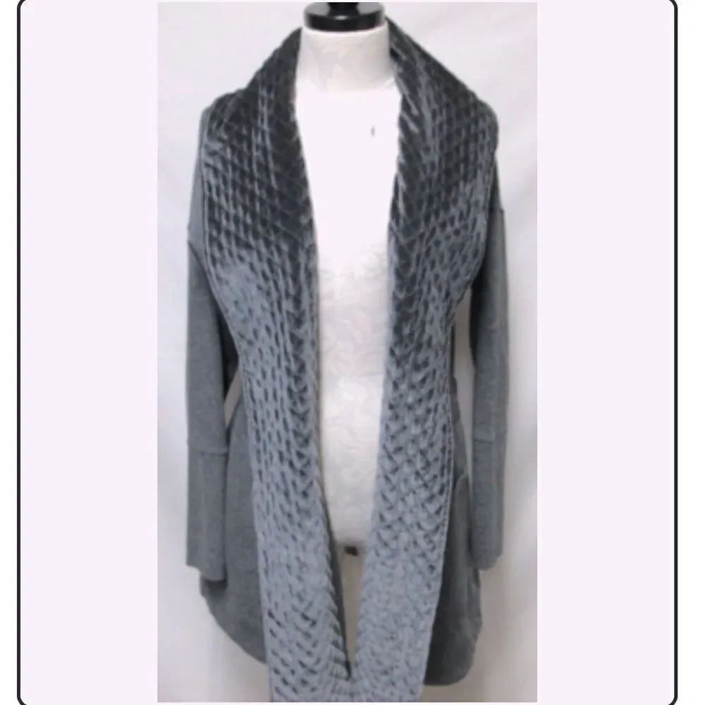 Soft Surroundings Gray Quilted Velvet Stretch Cozy Drawstring Tunic Cardigan